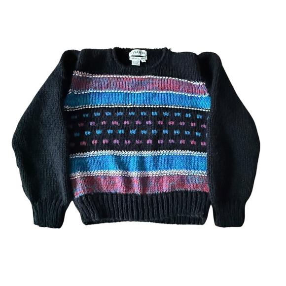 Evian II Hand Knit Vintage 80s Acrylic Black Pink Chunky Pullover Sweater Medium - Picture 2 of 8